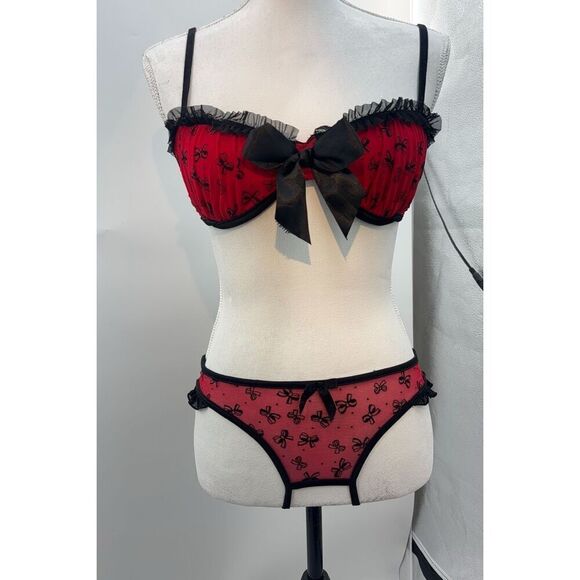 Red & Black Sheer Lingerie Set – Size Large – Crotchless – Bow Print – Ruffle Tr - Picture 1 of 12